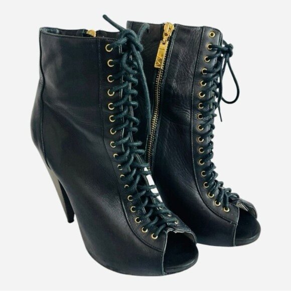 Matiko Black Leather Lace-Up Peep Toe Ankle Boots Women’s Size 8 - Picture 3 of 8